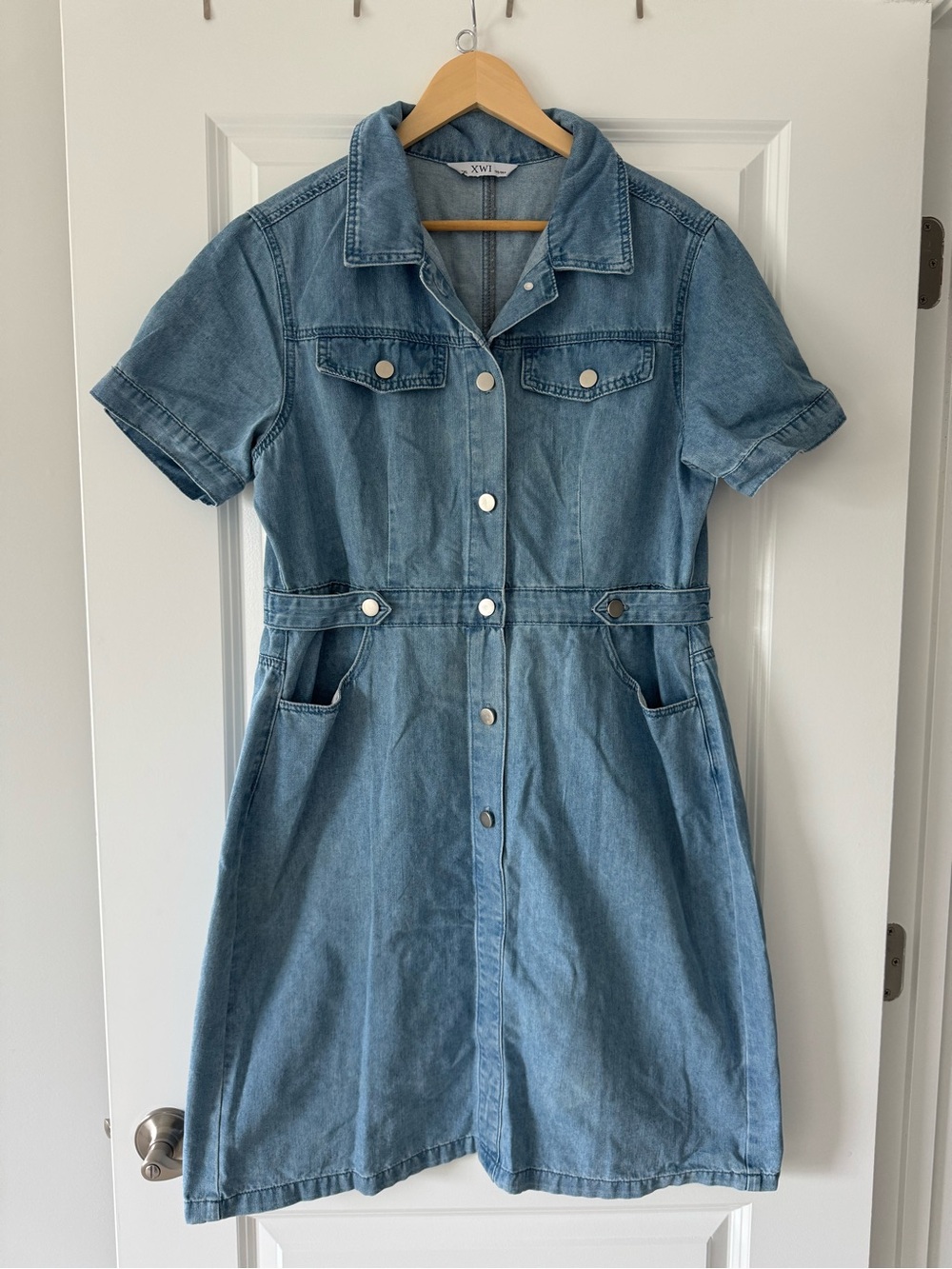 Denim Button-Front Shirt Dress in Light Blue